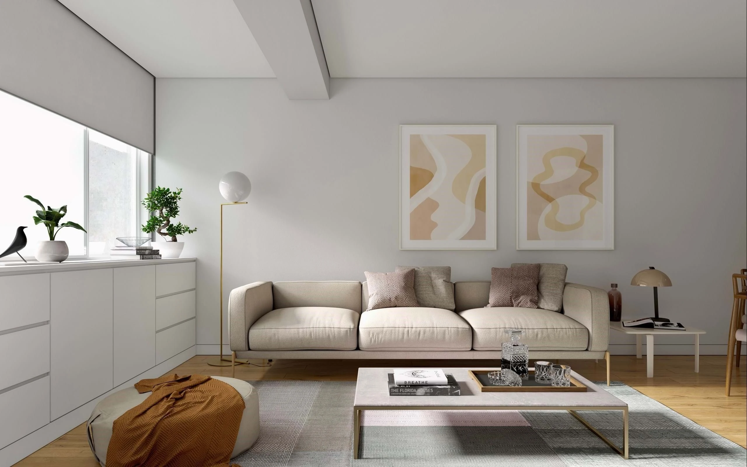 Modern minimalist living room with beige sofa