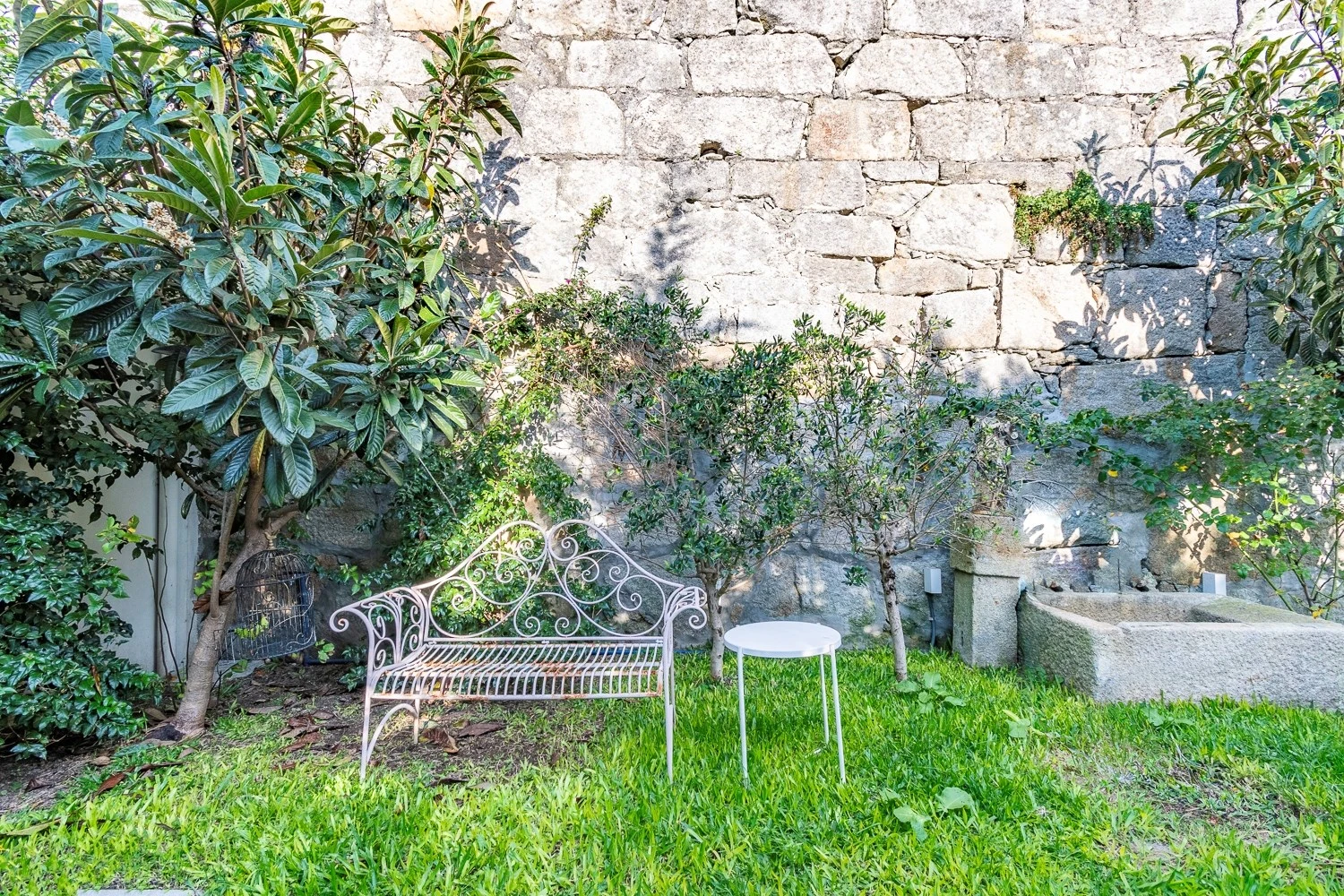 Wrought iron bench in leafy stone-walled garden