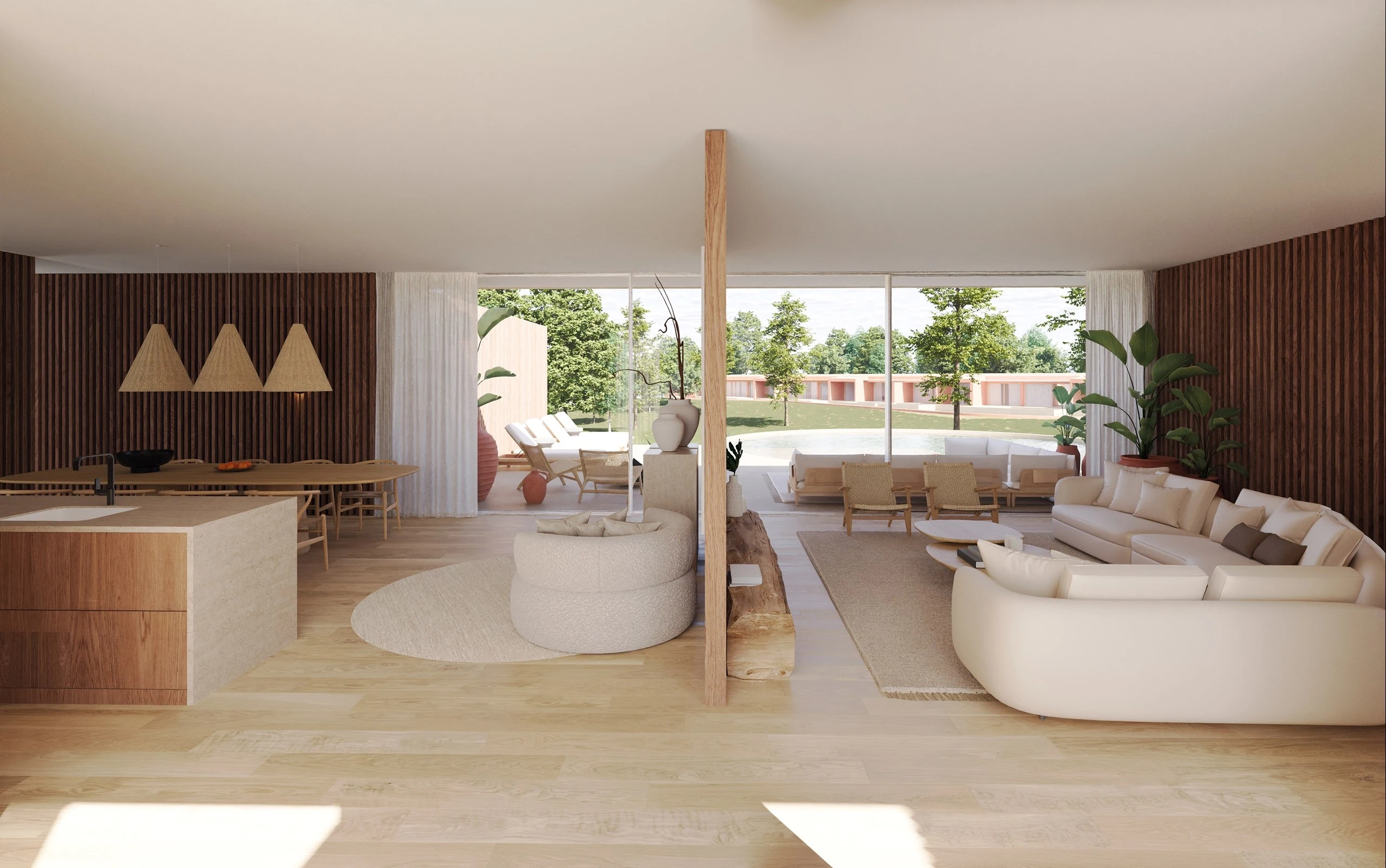 Modern open-plan living room with garden view