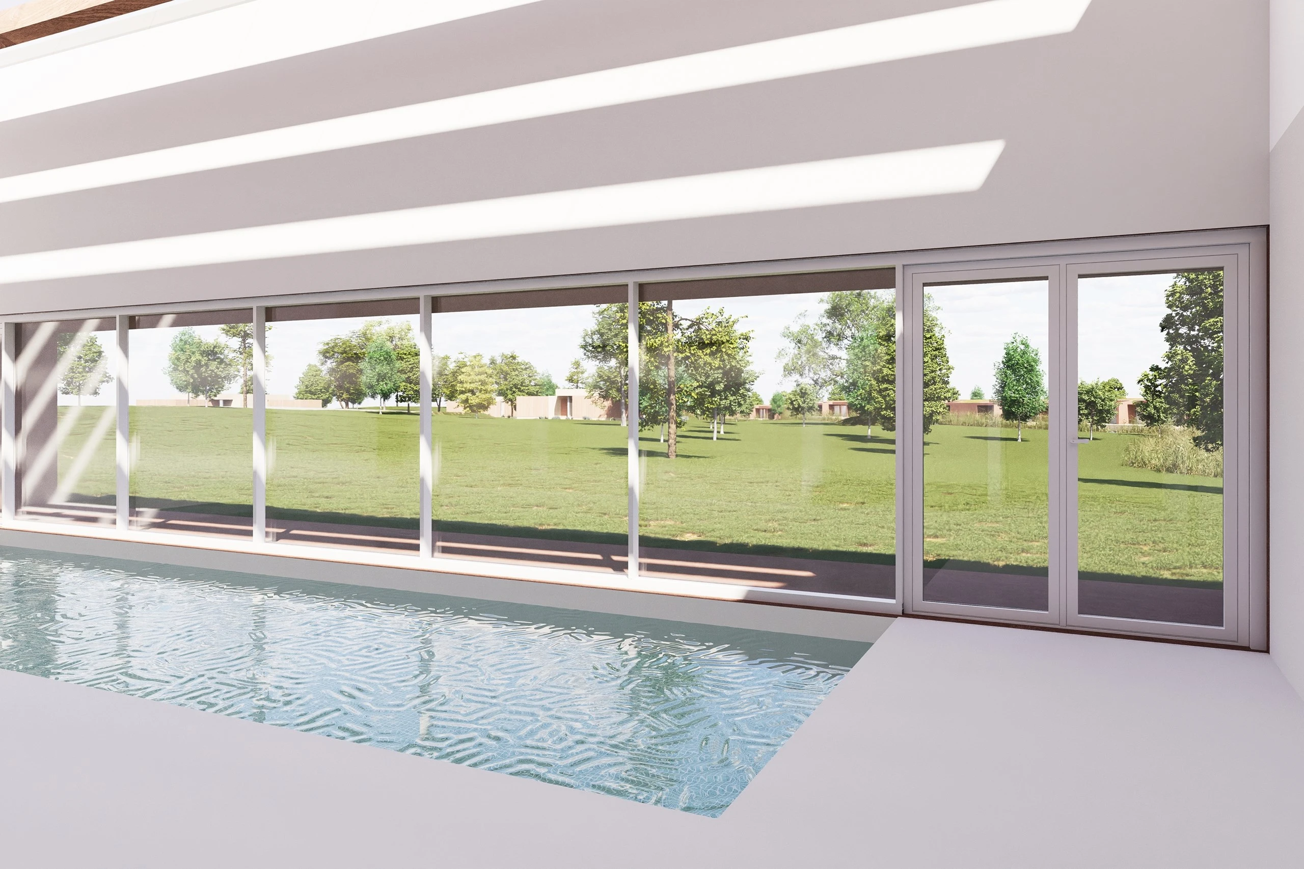 Indoor swimming pool with large garden-facing windows