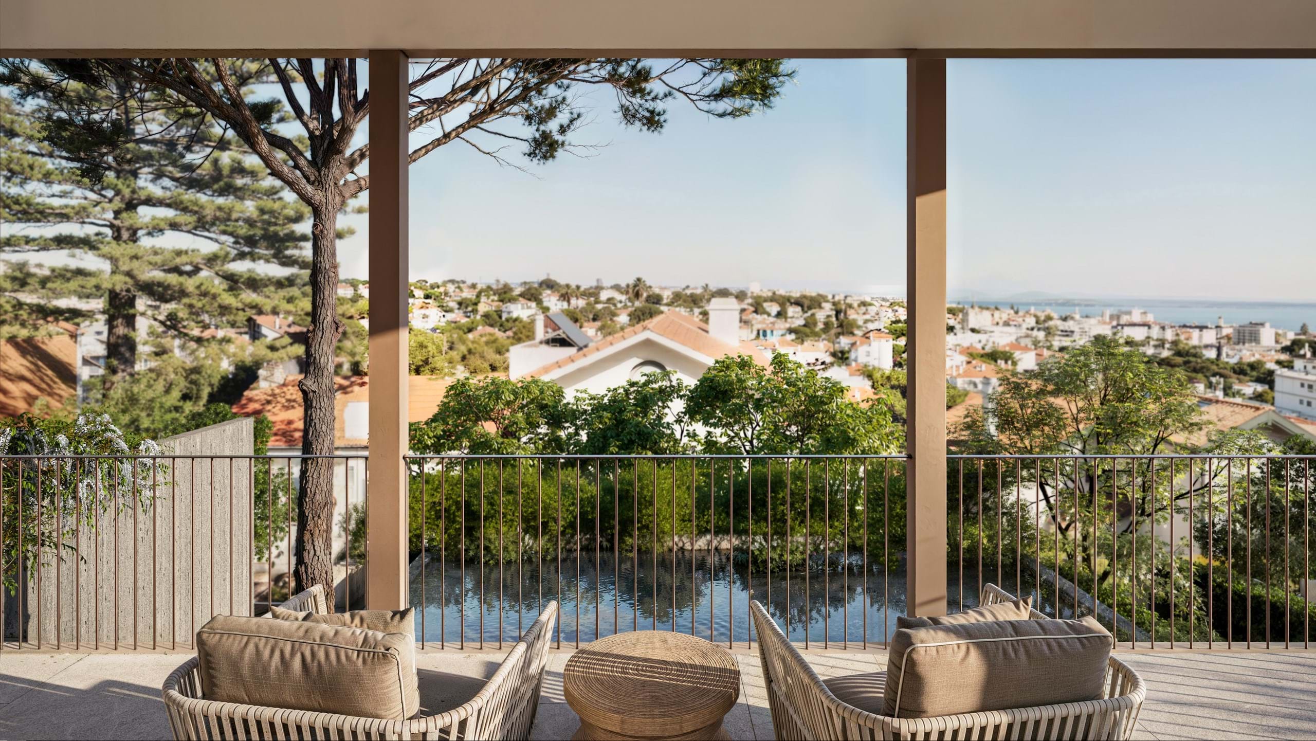 Balcony overlooking coastal town and sea