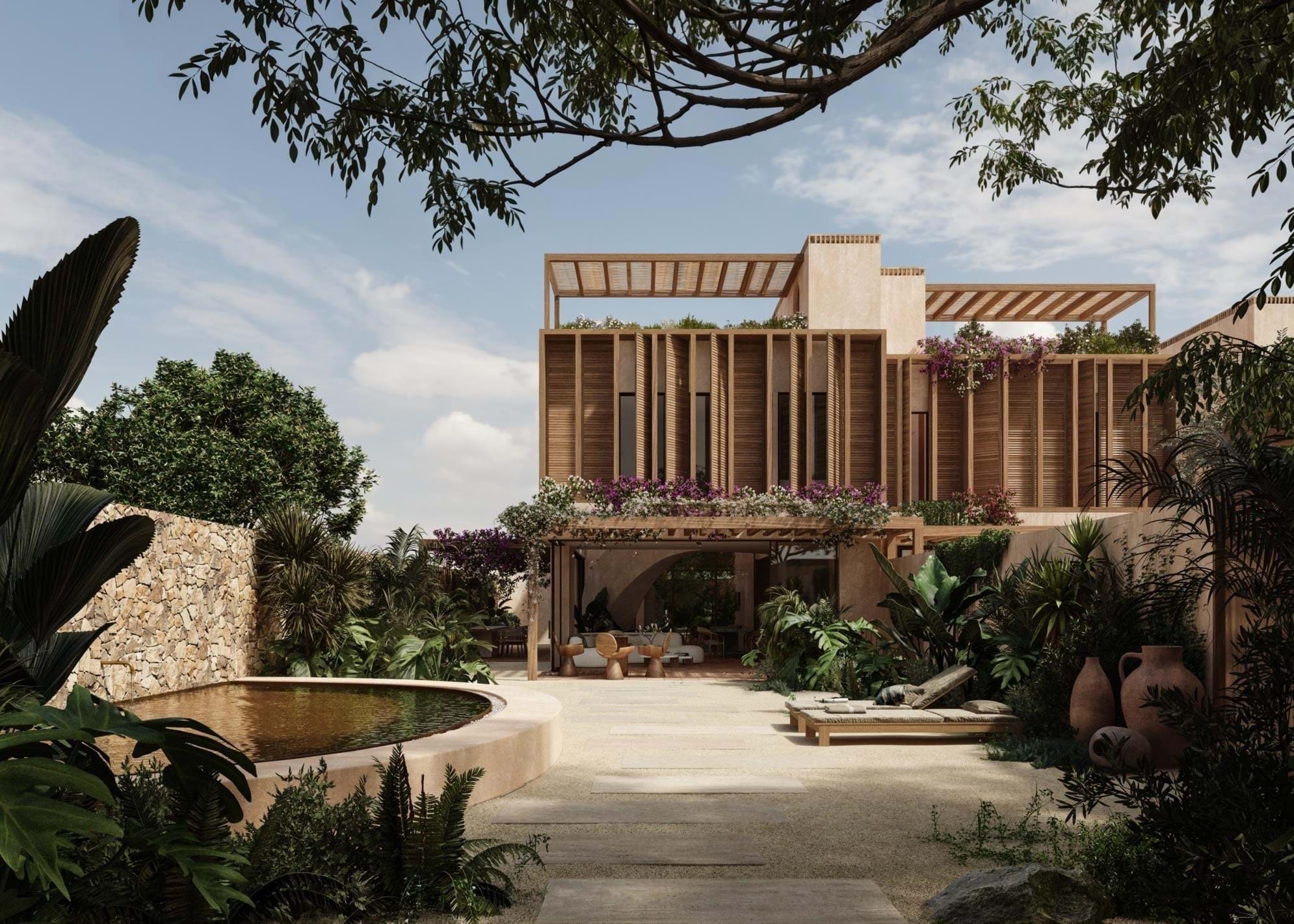 Modern villa with wooden façade and lush courtyard