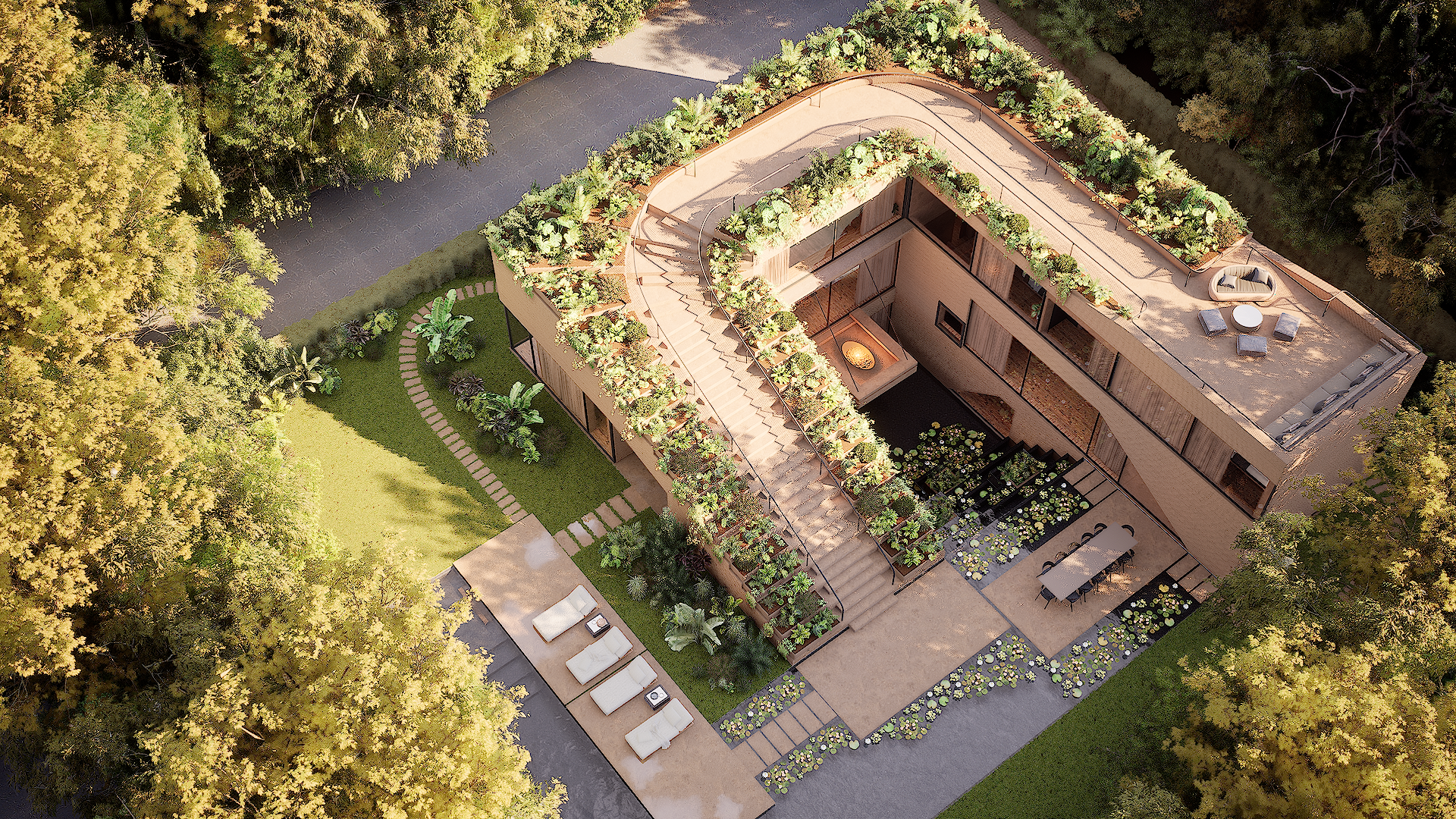 Aerial view of modern house with rooftop garden