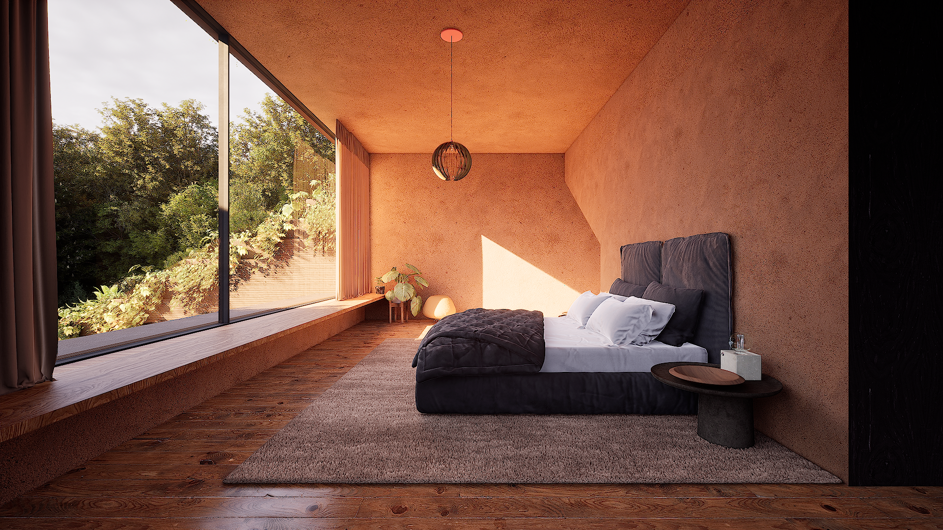 Modern minimalist bedroom with large window and greenery