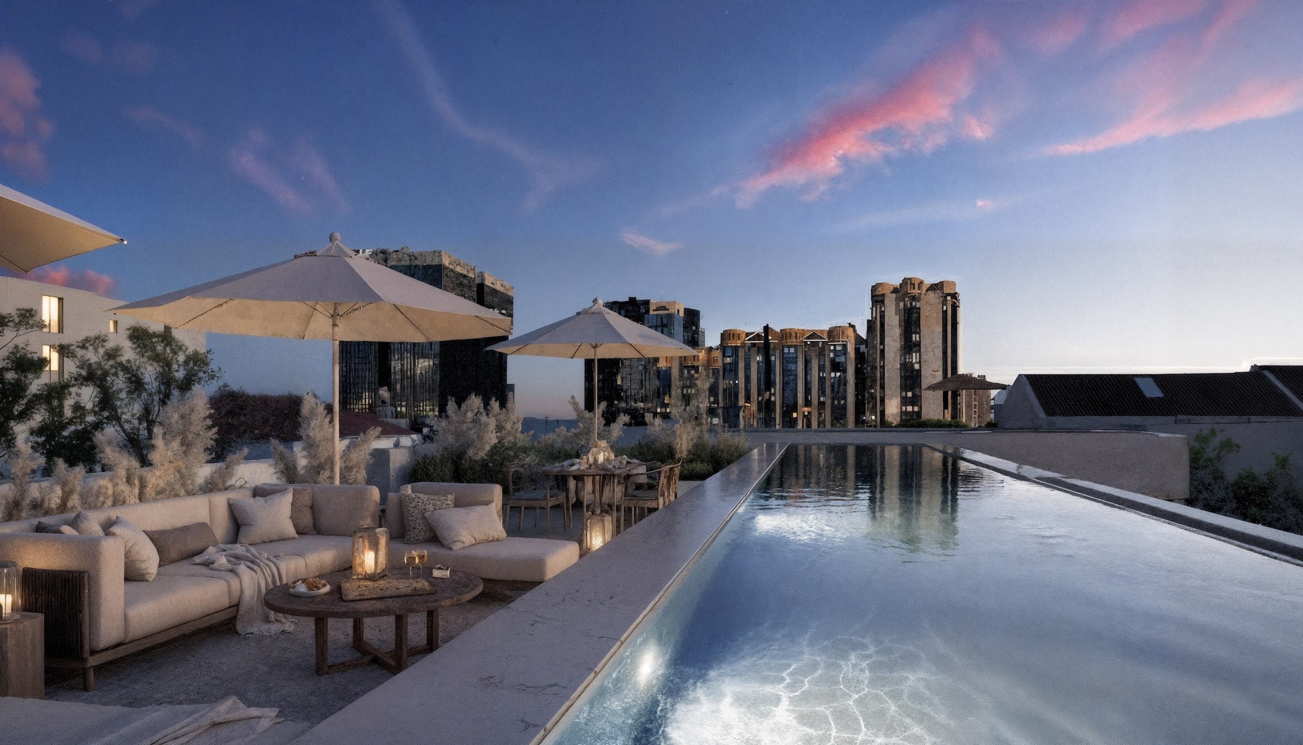 Luxury rooftop terrace with infinity pool at sunset