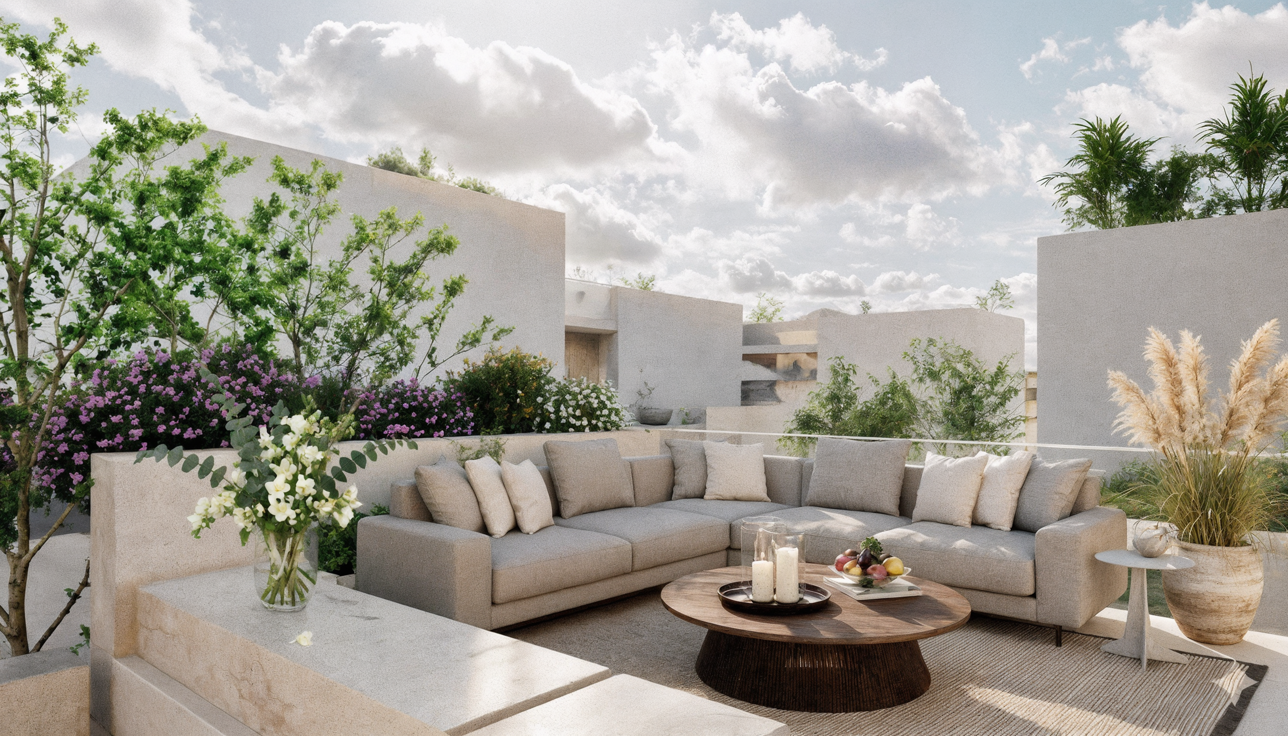 Modern rooftop terrace with sofa and plants