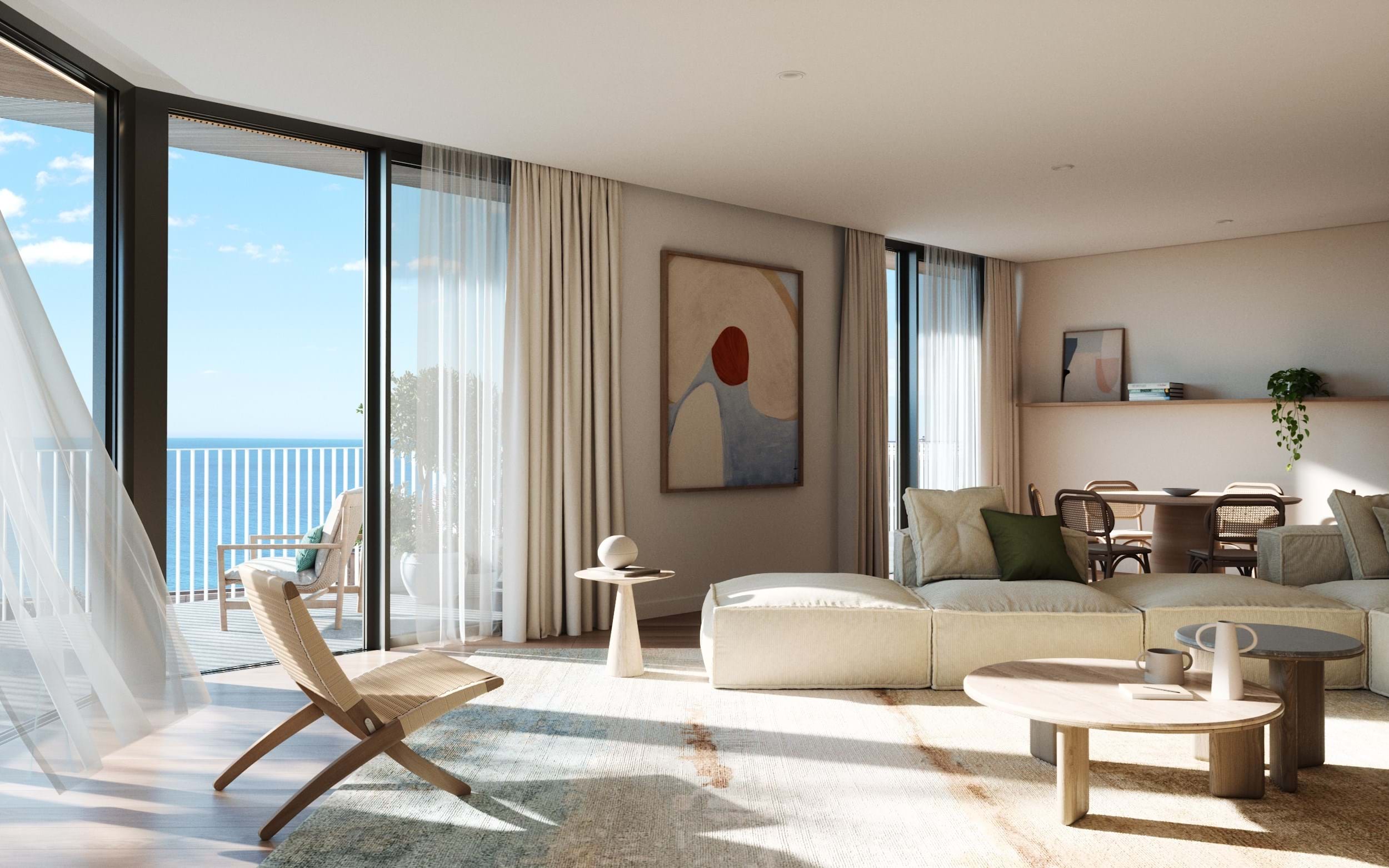 Modern seaside living room with balcony view