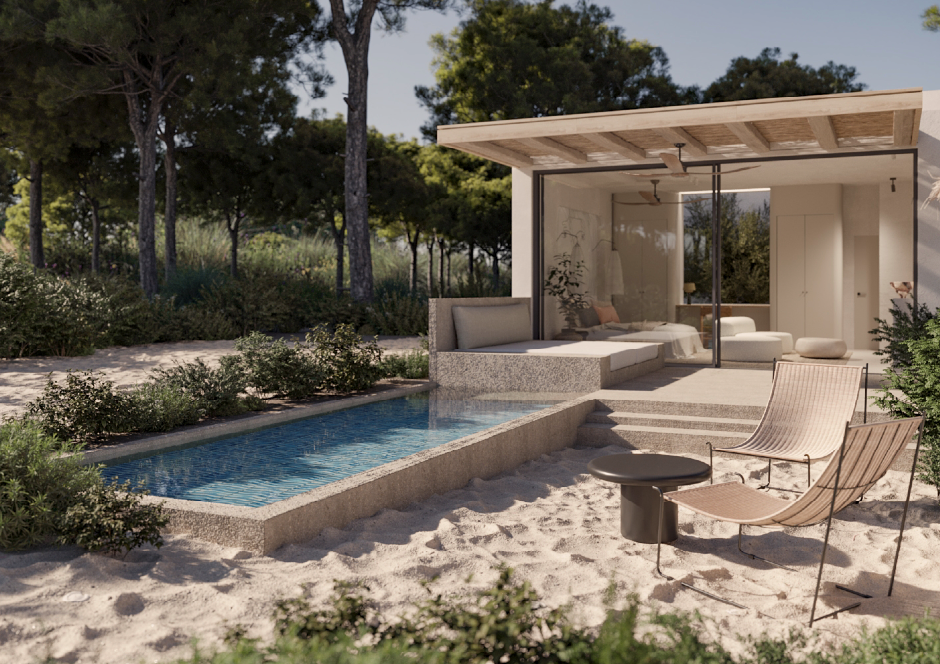 Modern cabin with pool and sandy terrace