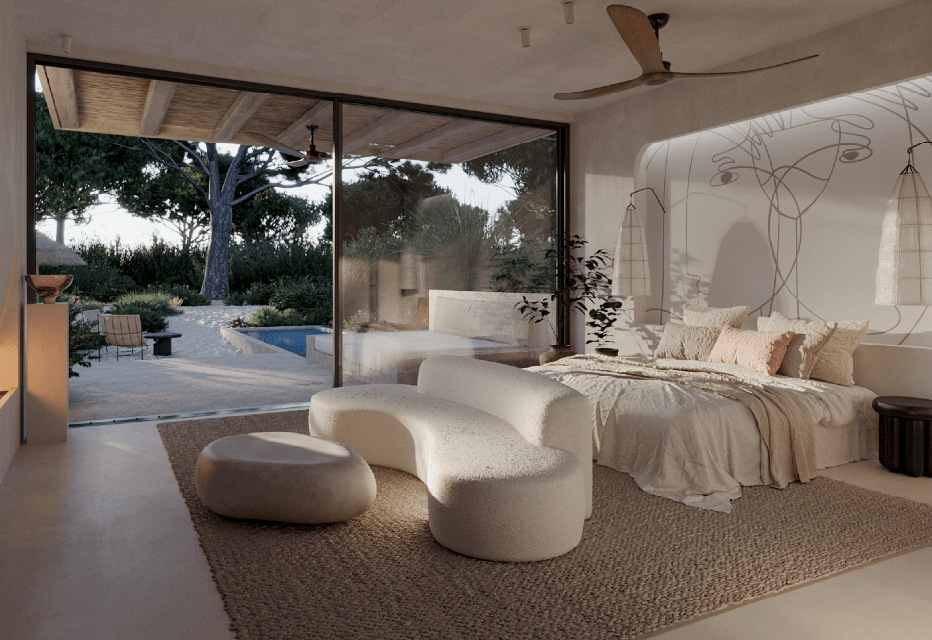 Modern bedroom with sliding doors and garden pool view