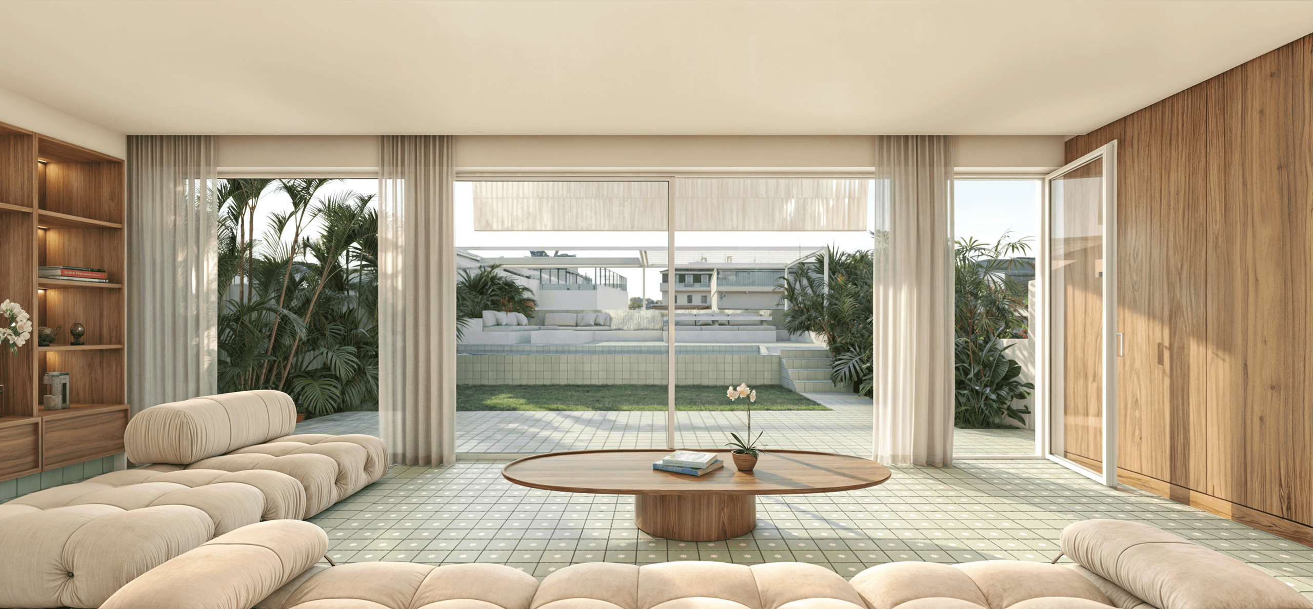 Modern living room opening onto lush garden terrace
