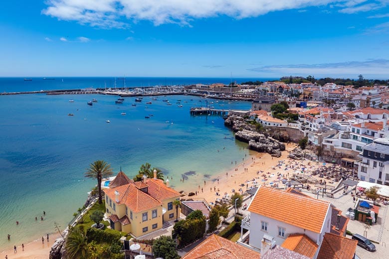 Coastal town with sandy beach and marina