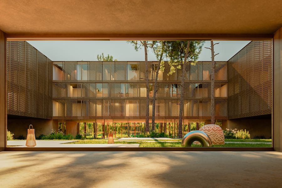 Modern courtyard building with wooden lattice facade