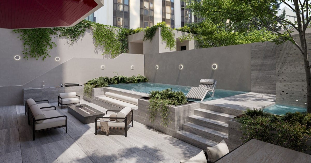 Modern courtyard pool with seating and greenery