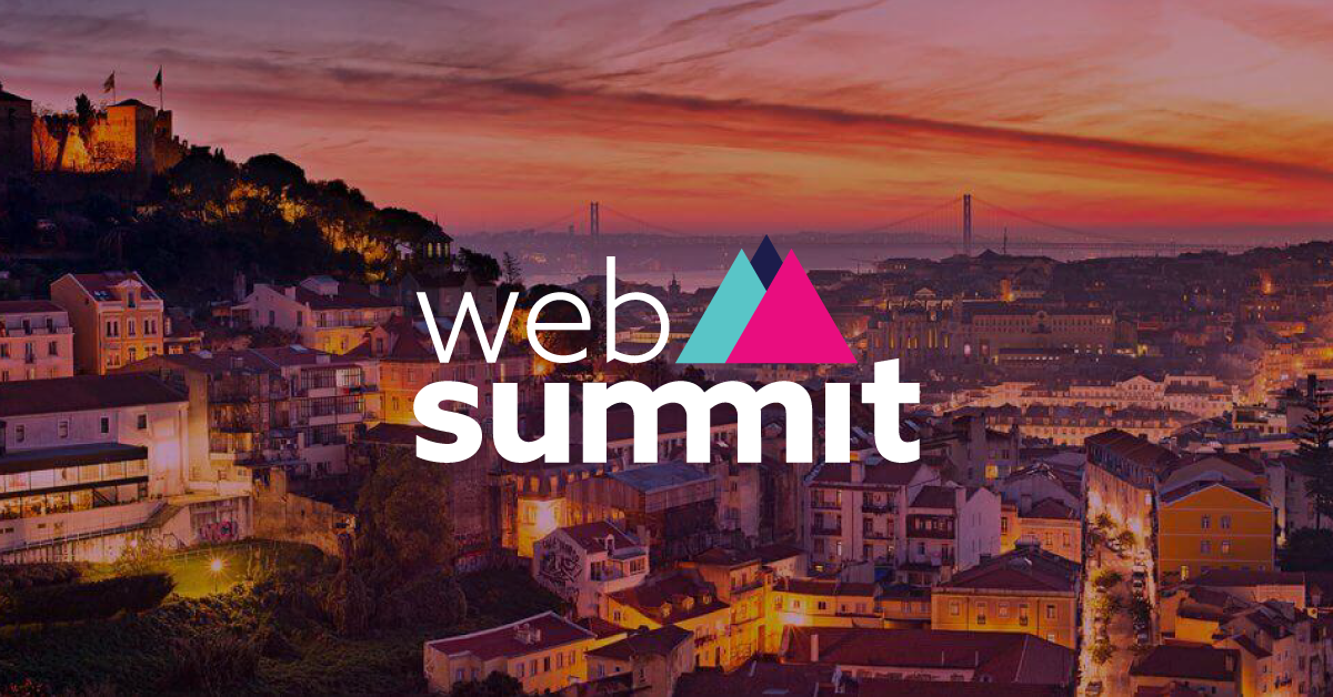 Web Summit logo over Lisbon skyline at sunset